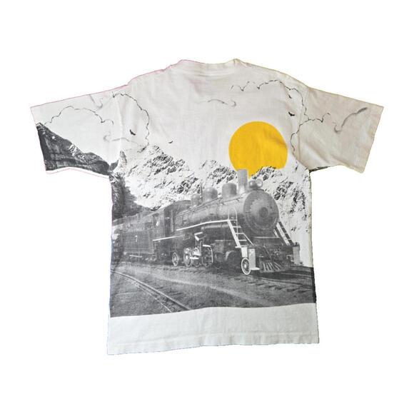 Vintage 90s Coal Freight Train AOP Graphic White T Shirt Mens Large L FOTL - Picture 2 of 4